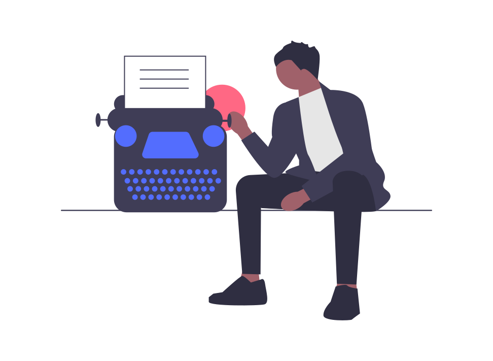 Ilustração de um homem com uma máquina de escrever azul.